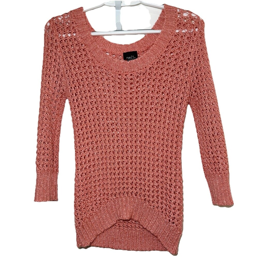 Rue21 Medium Coral Open Knit Crochet Sweater Long Sleeve Beach Cover Up M